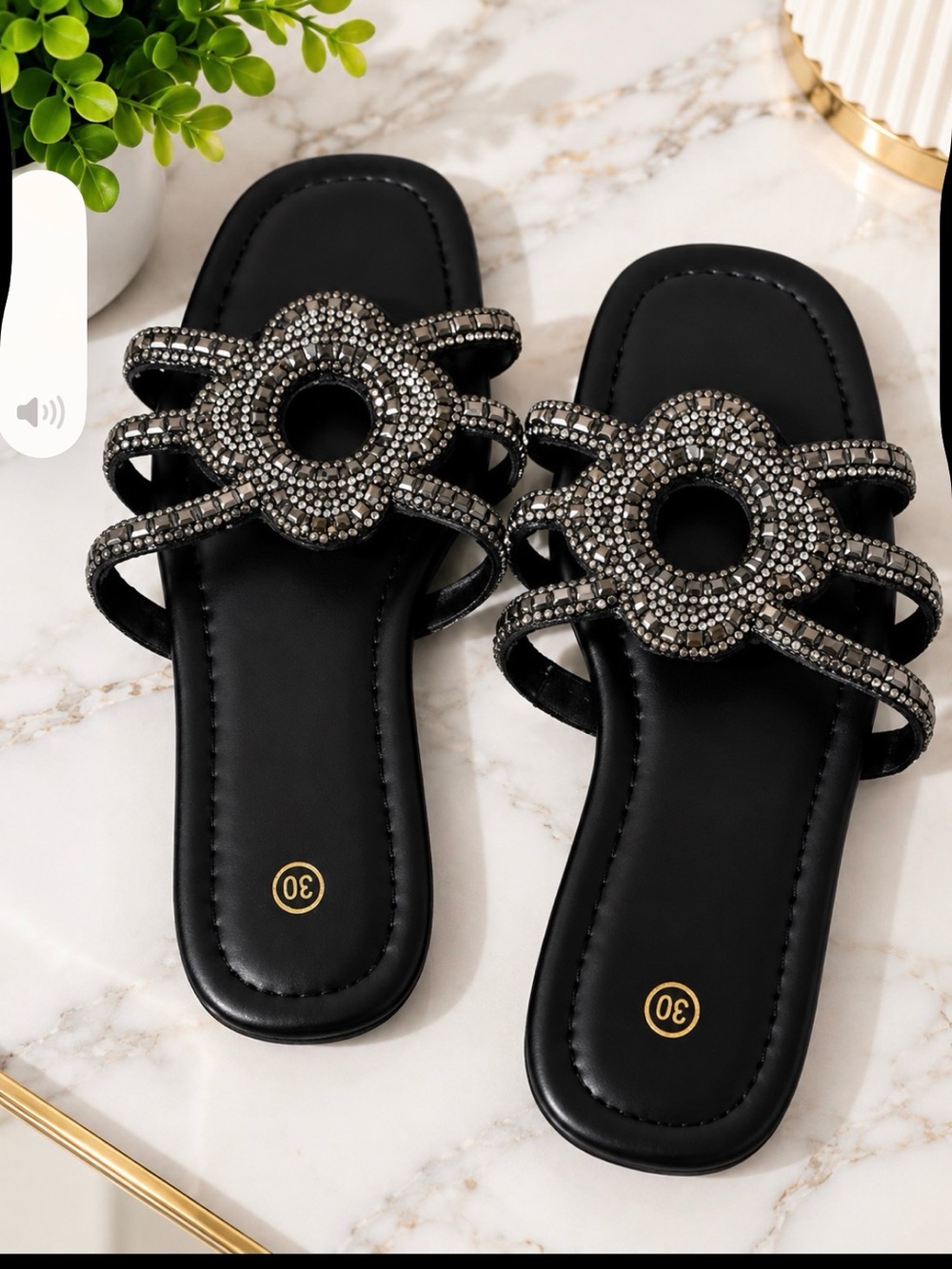 Embellished Black Women’s Slide Sandals